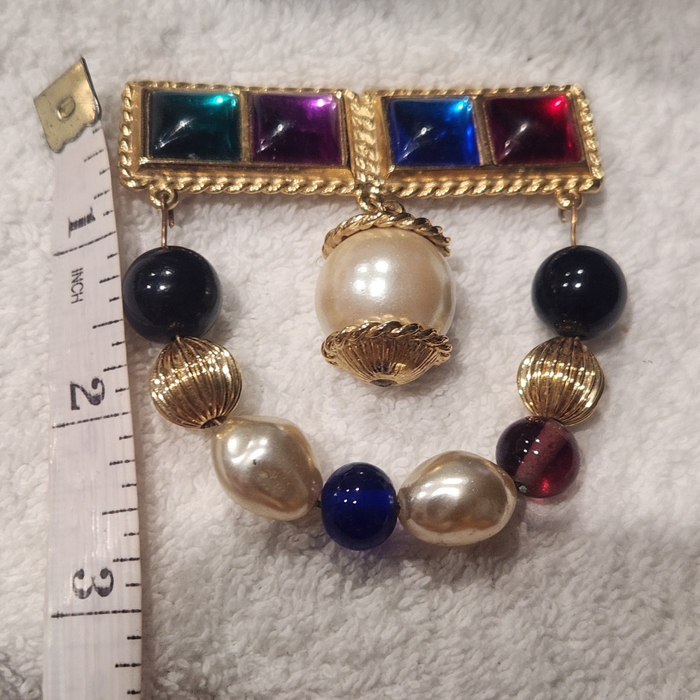 Vintage Gold Tone Multi Color Cabochon Faux Pearl Beaded Drop Statement‎ Brooch - Picture 7 of 9